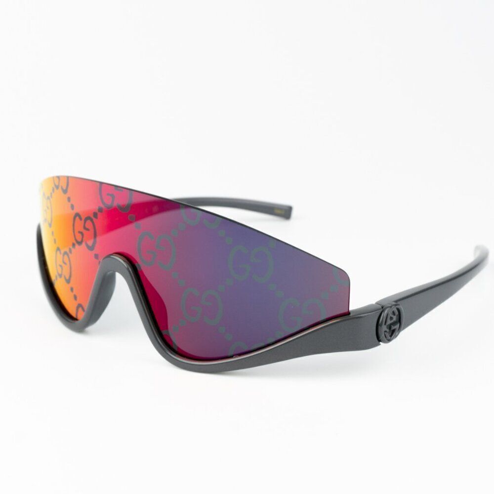 NEW Gucci GG1650S 009 Grey Red Mirror Logo Unisex Shield Mask Sunglasses